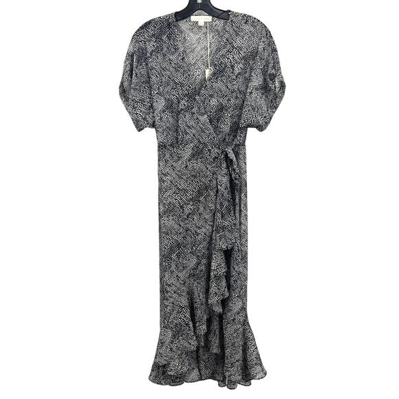 Love Stitch Black Metallic Gold Accent Wrap Flutter Sleeve Midi Dress Small New - Picture 1 of 11